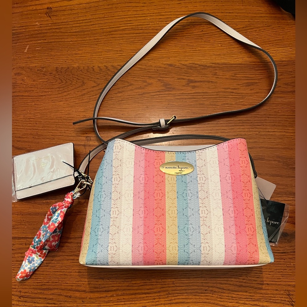 Nanette Lepore MaLogo Crossbody with card case and scarf NWT Logo Stripe